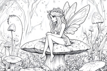 Black and white line drawing of a beautiful fairy sitting on a mushroom with a little dragon in an enchanted forest, suitable for coloring © Татьяна Евдокимова