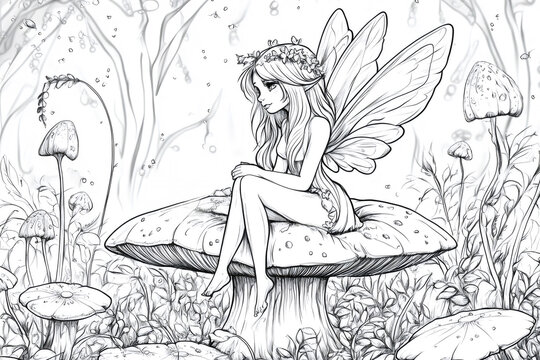 Black and white line drawing of a beautiful fairy sitting on a mushroom with a little dragon in an enchanted forest, suitable for coloring