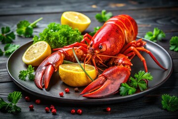 Juicy boiled lobster on a black plate, garnished with lemon and parsley; a seafood feast.