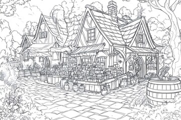 Charming fairytale market showcasing various stalls brimming with fresh produce, nestled within a picturesque village setting, creating an idyllic scene