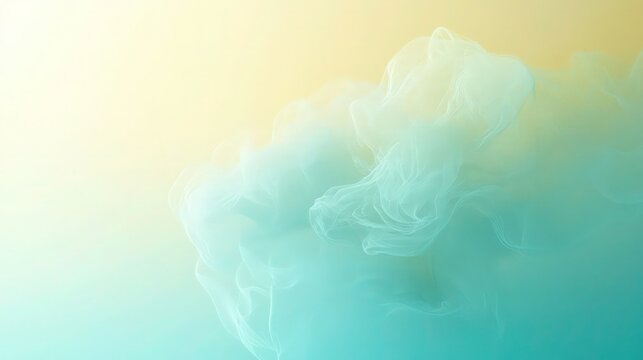 Soft gradient backdrop transitioning from pale yellow to light aqua blue, with ethereal, cloud-like forms in the center. 