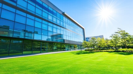 Bright Modern Office Building with Glass Facade and Lush Green Lawn on a Sunny Day, Showcasing Contemporary Architecture and Natural Landscaping