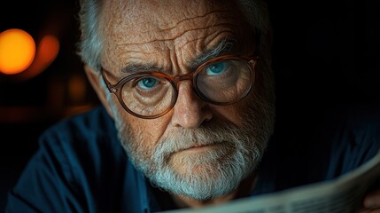An elderly man with glasses intensely reading a newspaper in dim lighting.