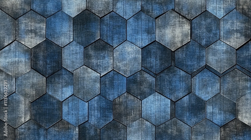 Aufkleber abstract geometric pattern of hexagon tiles in varying shades of blue creating an artistic textile d