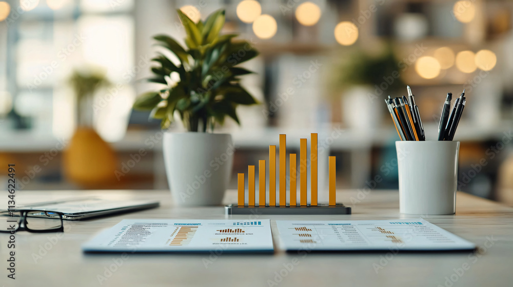 Poster modern workspace featuring business charts, plant, and stationery. vibrant colors and organized layo