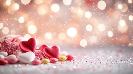 Valentine's Day background with small hearts, bokeh lights, and candy in the foreground, featuring a pink, red, and white color theme.