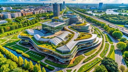Aerial View of a Futuristic Building Wall Design Featuring Innovative Architectural Elements and Sustainable Materials Surrounded by Lush Greenery and Urban Landscape