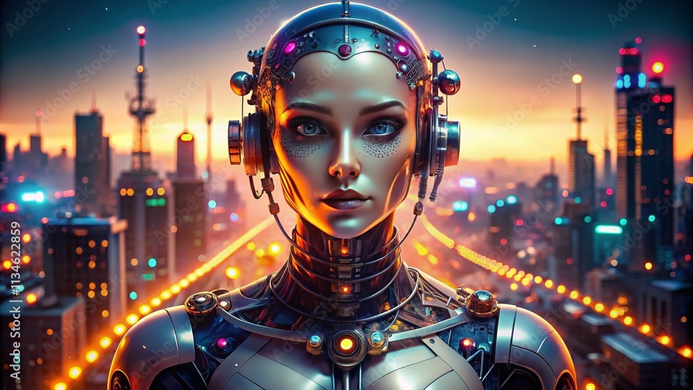 Poster aerial view of a futuristic female cyborg robot portrait emphasizing innovation in artificial intell