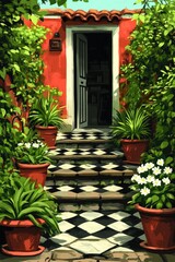 Red building doorway steps potted plants flowers