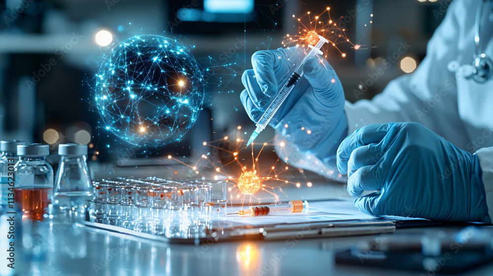 Aufkleber innovative vaccine research in laboratory with digital technology. scientist in gloves uses syringe,