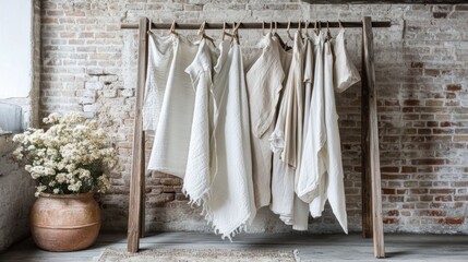 Collection of Neutral Textiles Hanging on Wooden Rack in Cozy Space