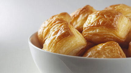 A ceramic bowl filled with golden-brown puffed pastry bites, delicately textured and resembling crunchy croquettes, each piece glowing with subtle