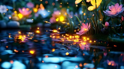 Obraz premium magical firefly night pond, fantasy flowers - fantasy art