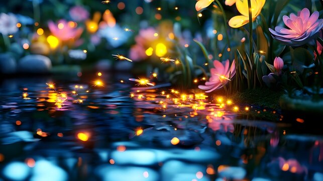 magical firefly night pond, fantasy flowers - fantasy art
