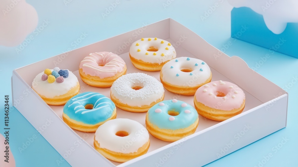 Poster an open box of assorted donuts with vibrant frosting
