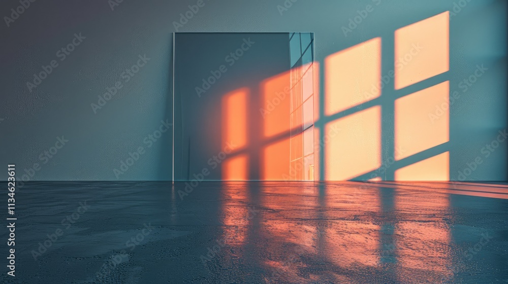 Poster a minimalist interior with a reflective surface and shadows from a window.