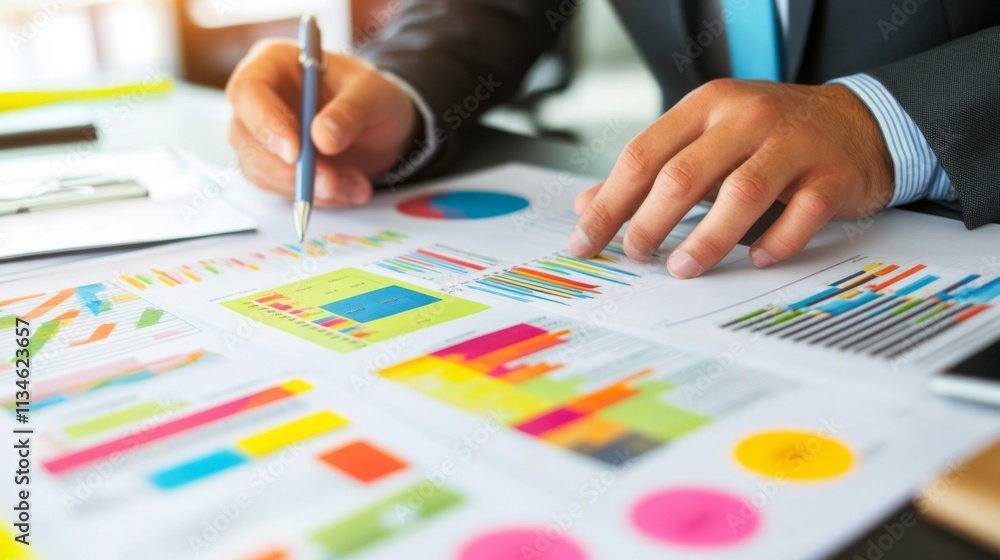 Aufkleber business professional analyzing colorful charts and graphs at desk