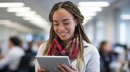 A smiling young Black woman using a tablet in a modern office environment, surrounded by colleagues, exuding positivity and focus.