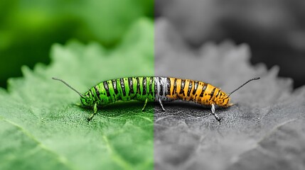 Stunning Dual-Tone Artistic Representation of a Caterpillar on a Half-Eaten Leaf, Capturing Nature's Beauty and Color Contrast in One Compelling Image