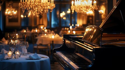 Grand Piano in an Elegant Candlelit Restaurant Setting