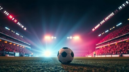 Fototapeta premium Night Football Stadium: A dramatic low-angle shot of a soccer ball at center field under stadium lights, with blurred figures of players and a packed stadium in the background.
