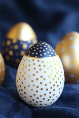 Obraz premium Gold And Navy Blue Easter Eggs On Dark Blue Textured Background. Easter Concept With Space For Copy.