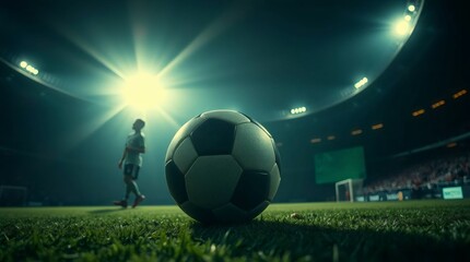 Night Game: A lone soccer player prepares for the match under stadium lights.  The focus is on the soccer ball in the foreground, creating a dramatic and intense atmosphere. 