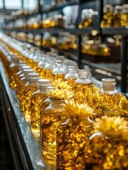 Glass Bottles with Golden Liquid and Flowers Inside