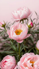 Tender light pink banner of fresh peony petals, grunge, with white tones