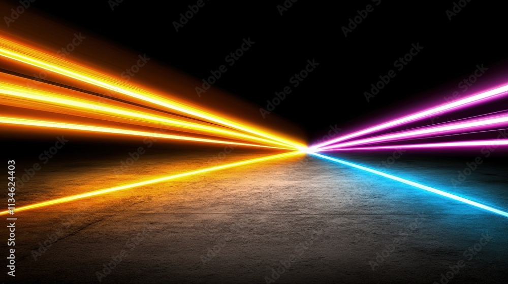 Wall mural abstract neon light streaks converging on dark textured ground.