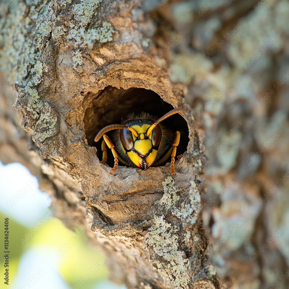 Aufkleber a close-up of a wasp peering out from a hole in a tree trunk.