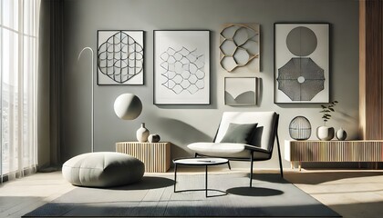 A modern living space features geometric art above a chair, ottoman, and minimalist d&eacute;cor.