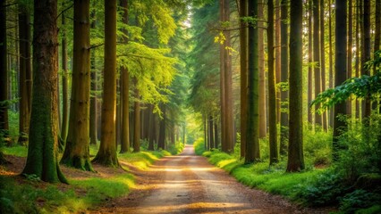 Fototapeta premium Serene forest path surrounded by tall trees, nature, tranquil, peaceful, walkway, relaxation, calming, trees, greenery