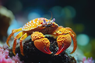 Orange crab standing on a rock in aquarium