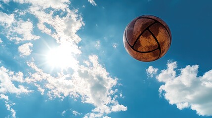 Obraz premium A Dynamic Basketball in Mid-Air Against a Bright Blue Sky with Clouds and Sunlight Illuminating the Scene for an Energetic Sports Atmosphere