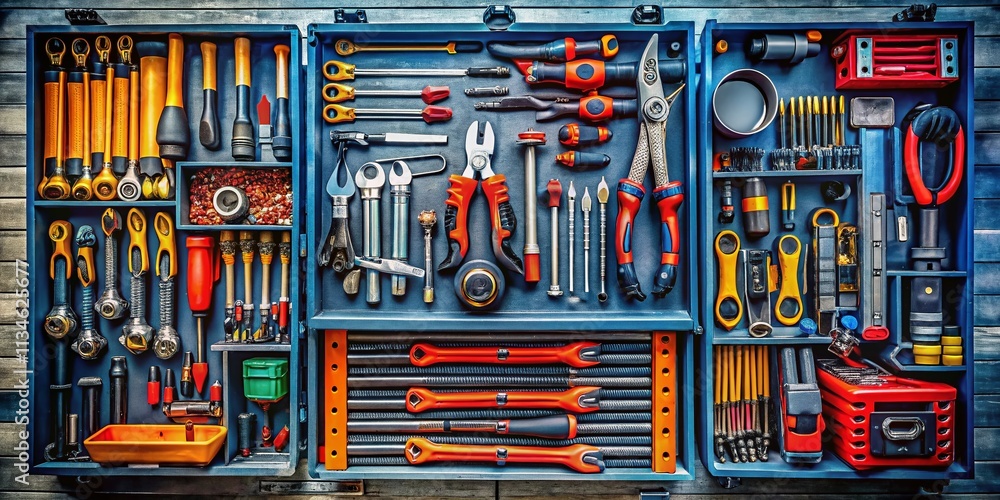 Poster aerial view of a mechanic's tool box surrounded by essential tools and equipment in a workshop setti