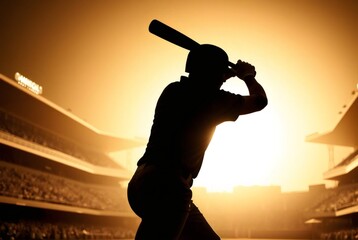 Baseball Silhouette:  A lone batter stands poised against the setting sun, ready to swing for the fences in a silhouette image that captures the intense anticipation and power of the game.  
