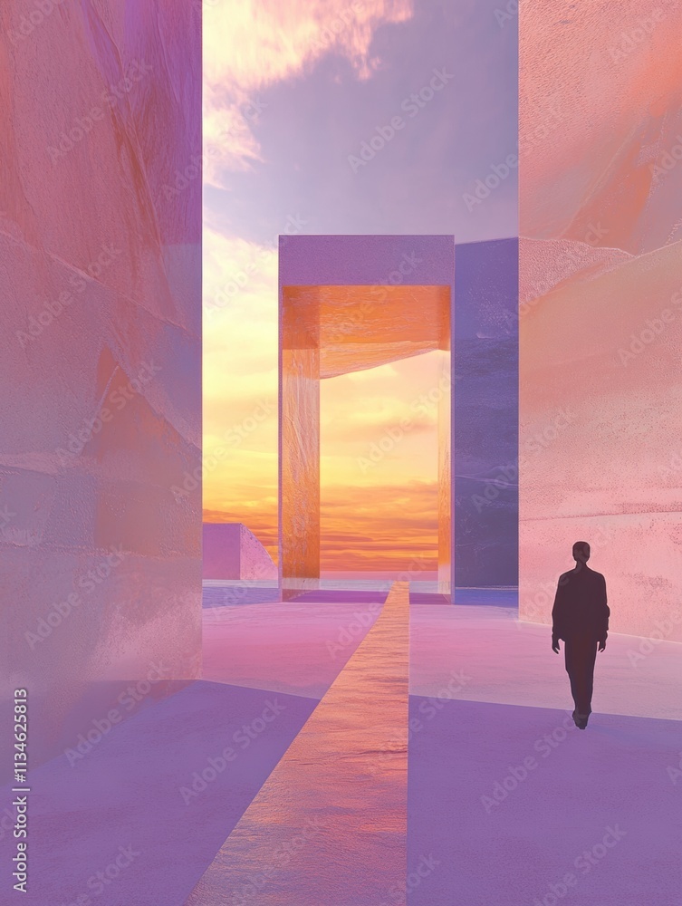 Poster person walking through a digital gallery showcasing virtual artworks and avatars against a backdrop 