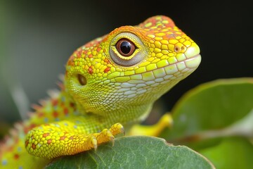 Obraz premium Close-up of a vibrant, colorful lizard perched on lush green foliage, showcasing its intricate scales and captivating gaze