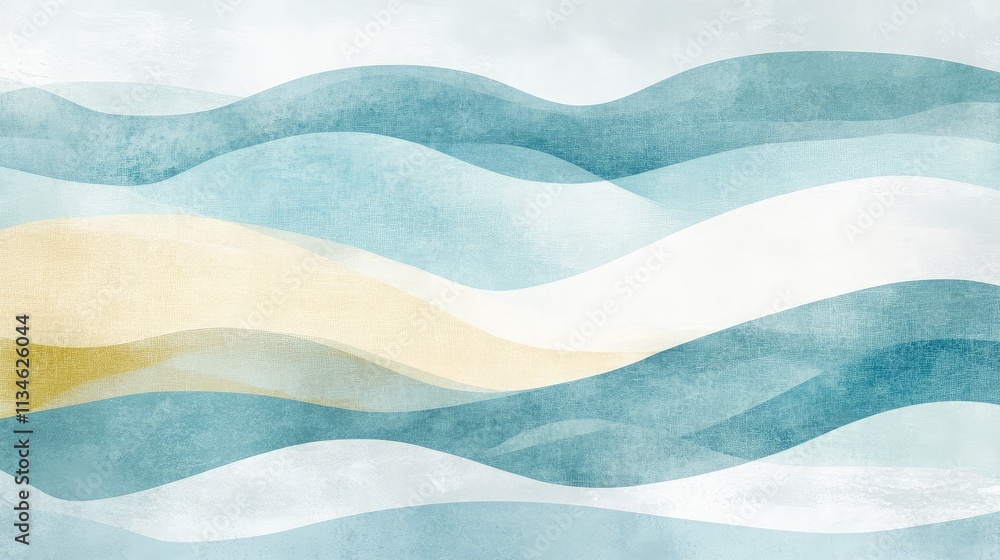 Poster abstract waves pattern in soothing blue and cream tones with soft curves and textures evoking calmne