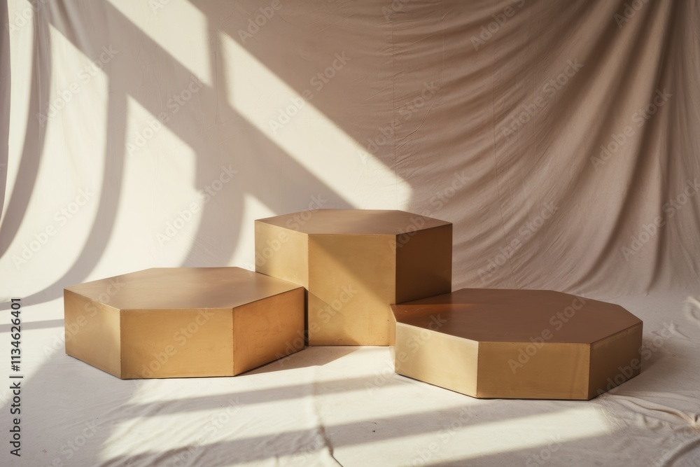 Poster Three geometric hexagonal tables in a soft-lit setting, showcasing modern design.