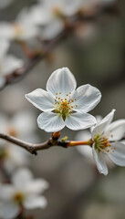 Obraz premium A stunning macro photo capturing the intricate beauty of a white flower on a branch, showcasing its delicate petals and natural grace, pop art