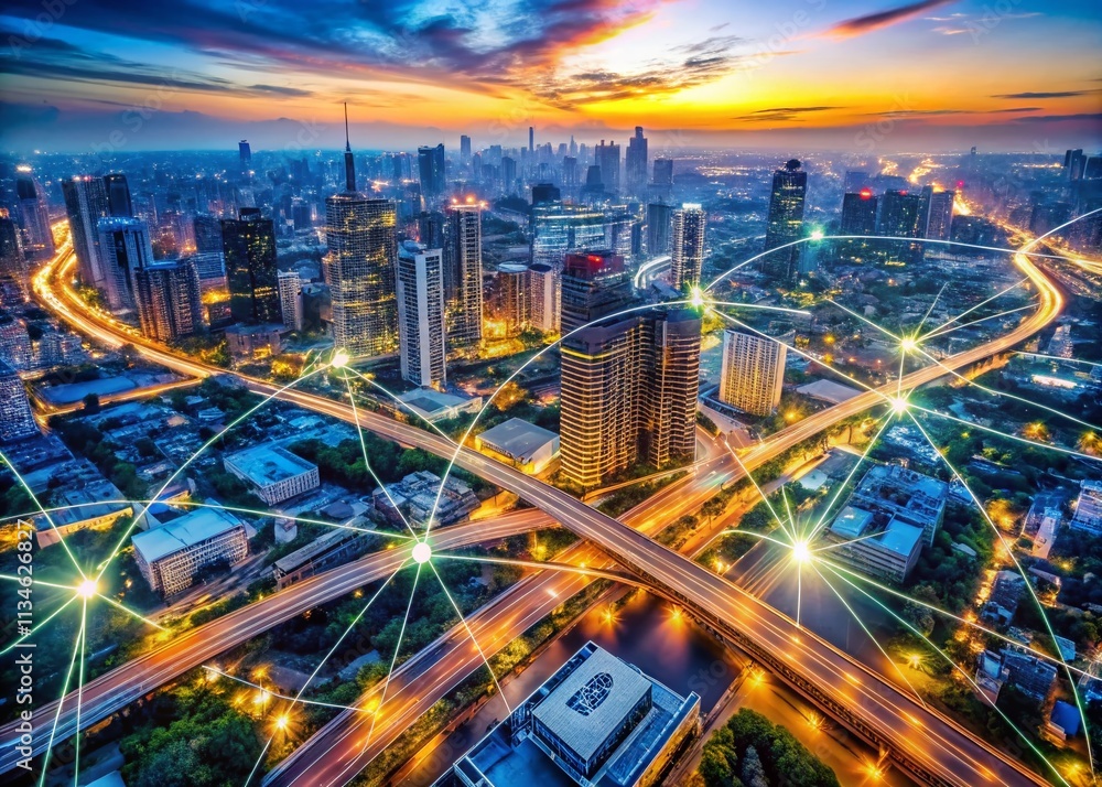 Poster aerial view of a modern network infrastructure business plan with high-tech elements and connectivit