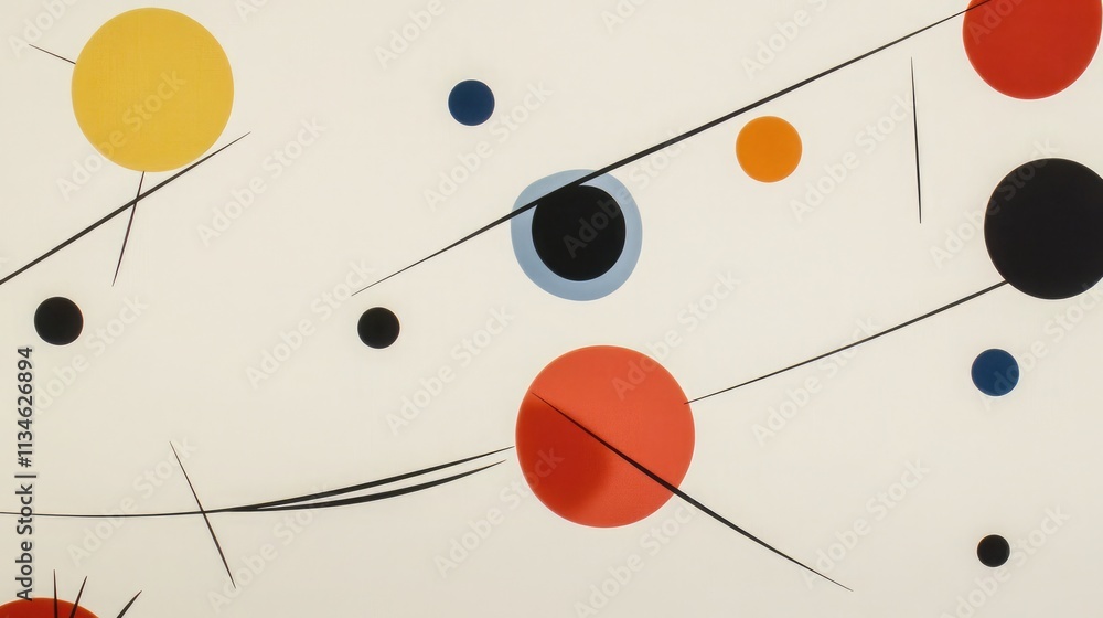 Poster abstract geometric composition with colorful circles and linear designs on a light background, evoki