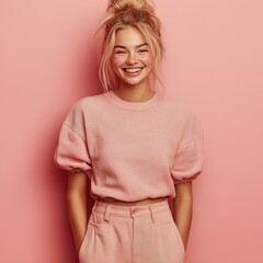 Obraz premium Beauty girl smiling and wearing a t-shirt in studio color background