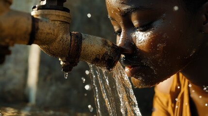 A person drinks water from a rusty faucet