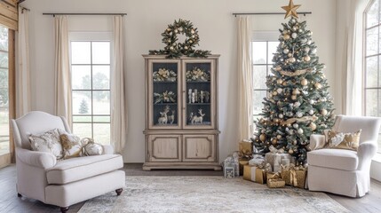 A cozy living area showcases a stunning Christmas tree surrounded by tastefully wrapped gifts, inviting festive warmth and joy