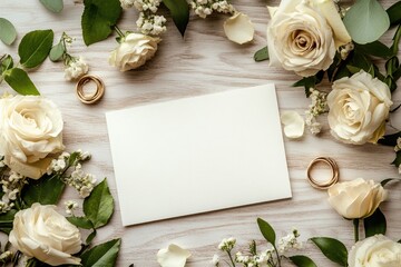Wedding invitation mockup with white roses, gypsophila and gold rings on wooden table