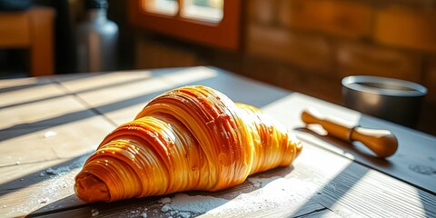 Golden-brown croissant rests on a rustic wooden table bathed in sunlight, dusted with powdered sugar