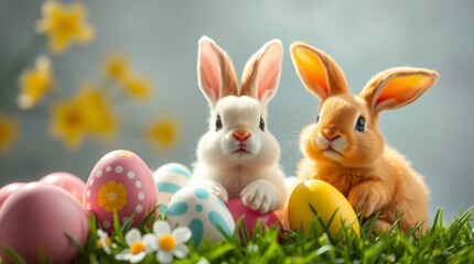 Easter Bunnies: A heartwarming picture of two adorable bunnies, one white and one brown, nestled amongst colorful Easter eggs and blooming flowers. This image embodies the joy and innocence of spring.